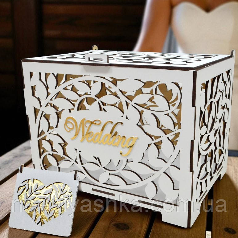 Весільний Комплект Скарбничка "Листя" + Коробочка для Обручок Набір Весілля Скриня для Грошей і Конвертів, Підставка для Кілець, фото 1