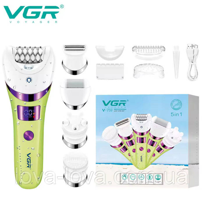 Жіночий багатофункціональний акумуляторний епілятор із підсвіткою VGR V-759 5в1 жіноча електробритва Green