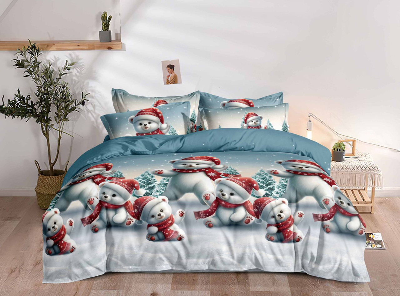 Постільна білизна Королева Ночі (Фланель) | Полуторний комплект | 50х70 | Новорічні ведмедики, фото 1