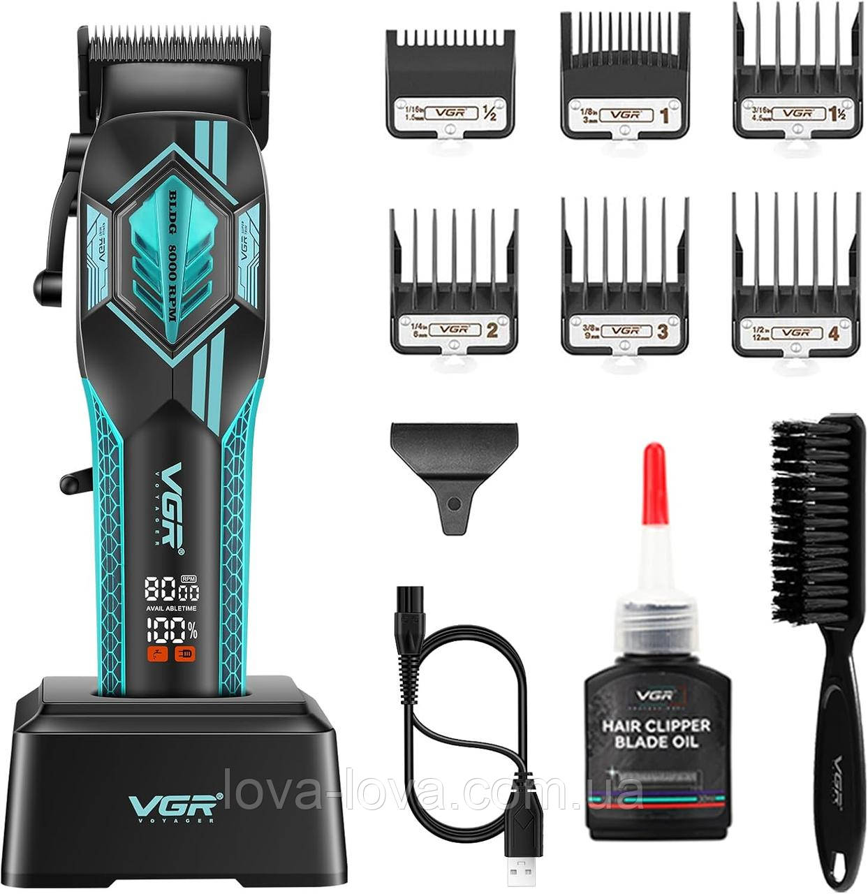 Професійна машинка для стриження волосся з дисплеєм VGR V-119 на підставці із 6 насадками 1,5-12 мм Green, фото 1