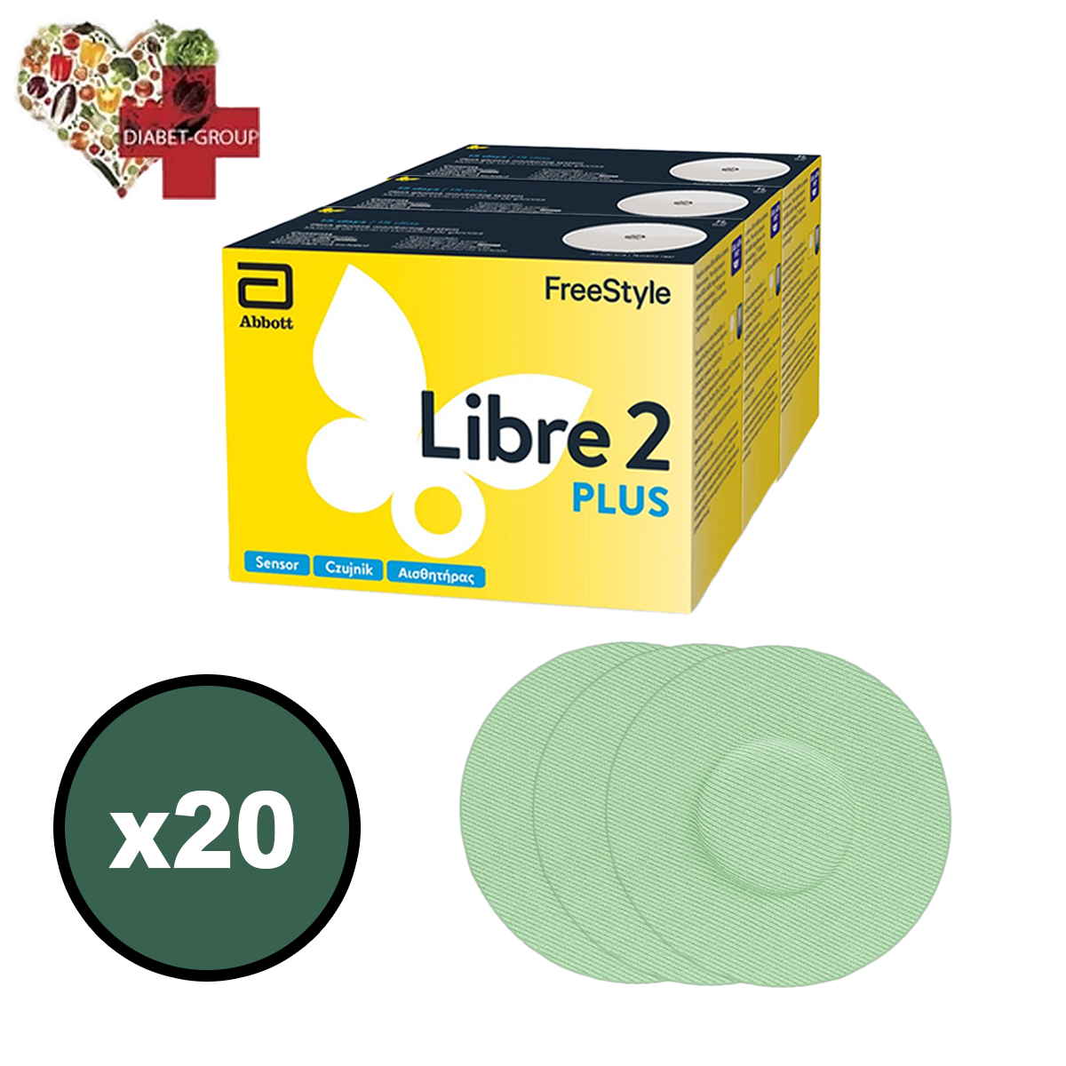 Сенсор Freestyle Libre 2 Plus (ФріСтайл Лібре 2 Плюс) 20 уп. і 20 кольорових тейпів у комплекті