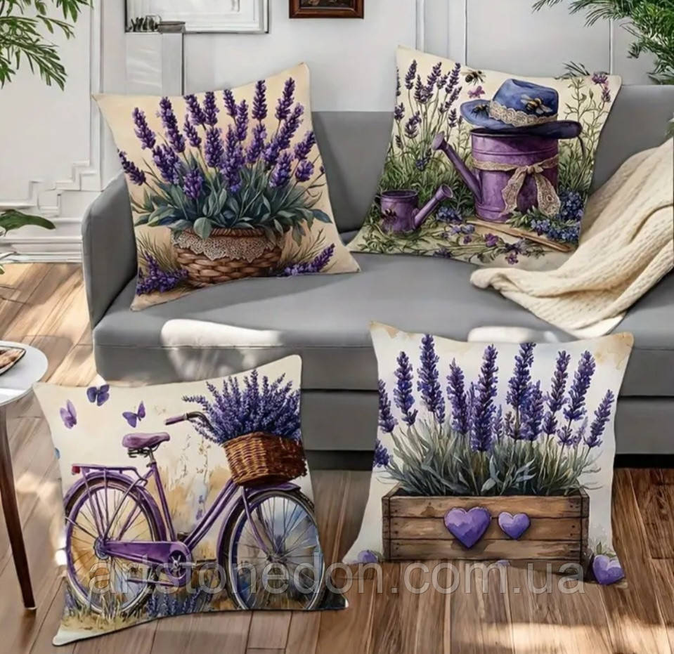 Набір декоративних наволочок з лавандовим принтом, 4 шт, 40×40 см, фото 1
