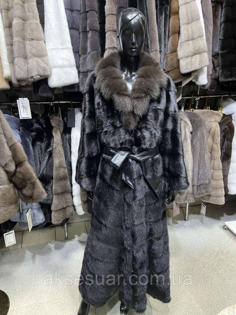 Чарівна натуральна норкова шубка, довжина 135 см. Комірець куничка, колір чорний, фото 1