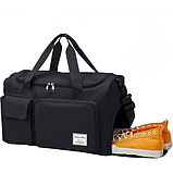 Спортивна дорожня сумка 44 х 28 х 19 см з відділом для взуття ручкою та кишенями для подорожей чорна, фото 2