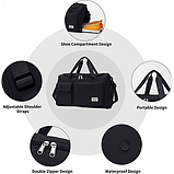 Спортивна дорожня сумка 44 х 28 х 19 см з відділом для взуття ручкою та кишенями для подорожей чорна, фото 3