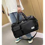 Спортивна дорожня сумка 44 х 28 х 19 см з відділом для взуття ручкою та кишенями для подорожей чорна, фото 5