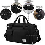 Спортивна дорожня сумка 44 х 28 х 19 см з відділом для взуття ручкою та кишенями для подорожей чорна, фото 6