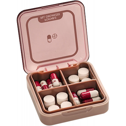 Таблетниця/органайзер/ контейнер 7.5 х 7.5 х 2.3 см для таблеток і ліків 4 відділення рожевий, фото 1