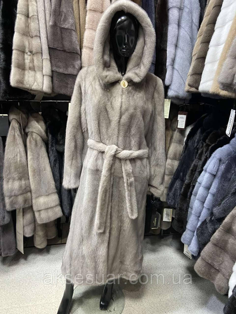 Шуба-халат норкова натуральне незбиране хутро, колір колотий лід з капюшоном 130 см., фото 1