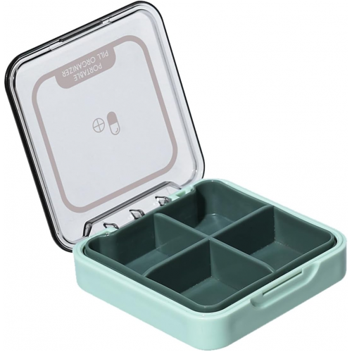 Таблетниця/органайзер/ контейнер 7.5 х 7.5 х 2.3 см для таблеток і ліків 4 відділення зелений, фото 1