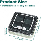 Таблетниця/органайзер/ контейнер 7.5 х 7.5 х 2.3 см для таблеток і ліків 4 відділення зелений, фото 4