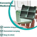 Таблетниця/органайзер/ контейнер 7.5 х 7.5 х 2.3 см для таблеток і ліків 4 відділення зелений, фото 3