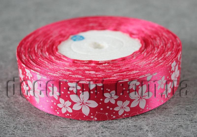 Стрічка атласна малинова з великими та малими квітками 2,5 см 50 м 130#