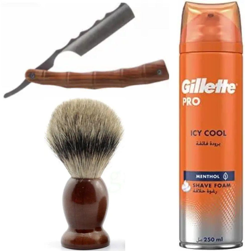 Небезпечна бритва/шавета розкладна Straight Razor + помазок SHIMA + піна для гоління Gillette Pro Icy Cool з ментолом, фото 1