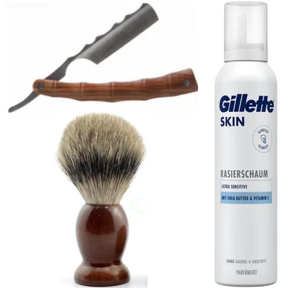 Небезпечна бритва/шавета розкладна Straight Razor + помазок SHIMA + піна для гоління Gillette Skin Ultra Sensitive, фото 1