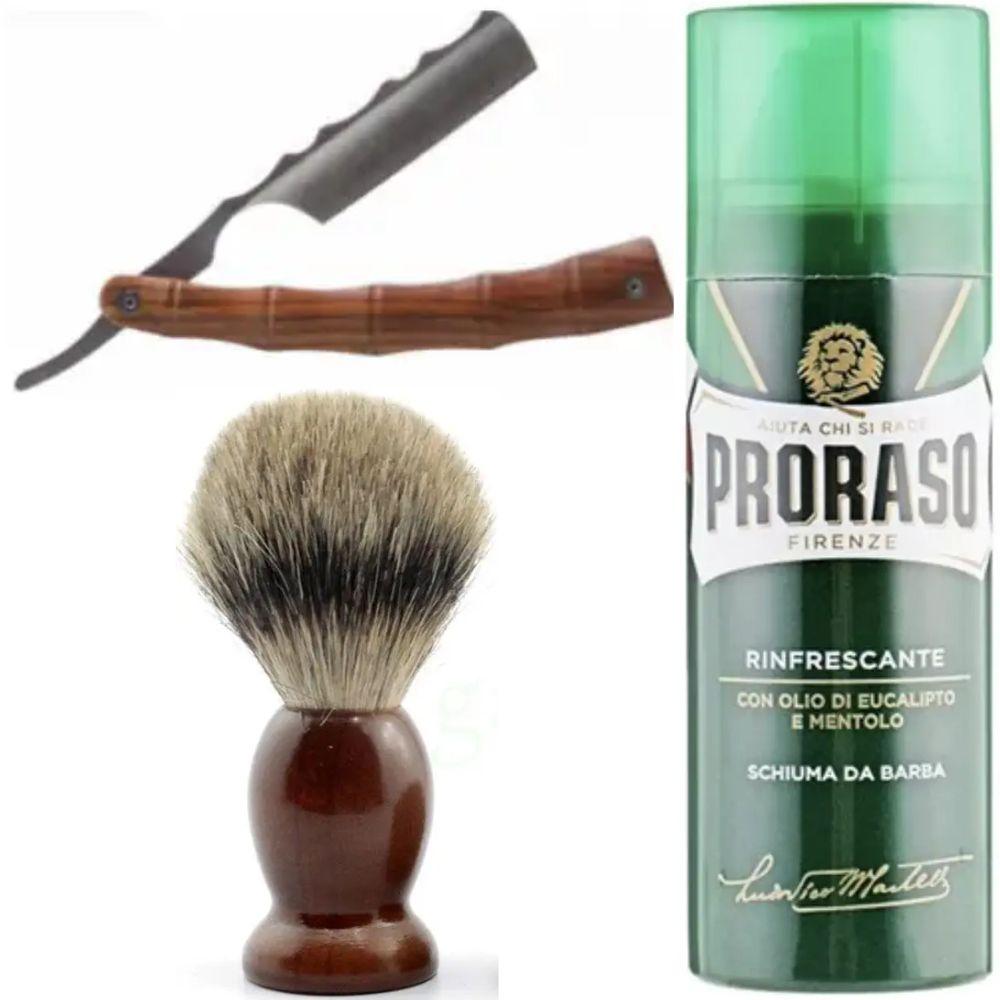 Небезпечна бритва/шавета розкладна Straight Razor + помазок SHIMA + піна для гоління Proraso тонізуюча евкаліпт і ментол, фото 1