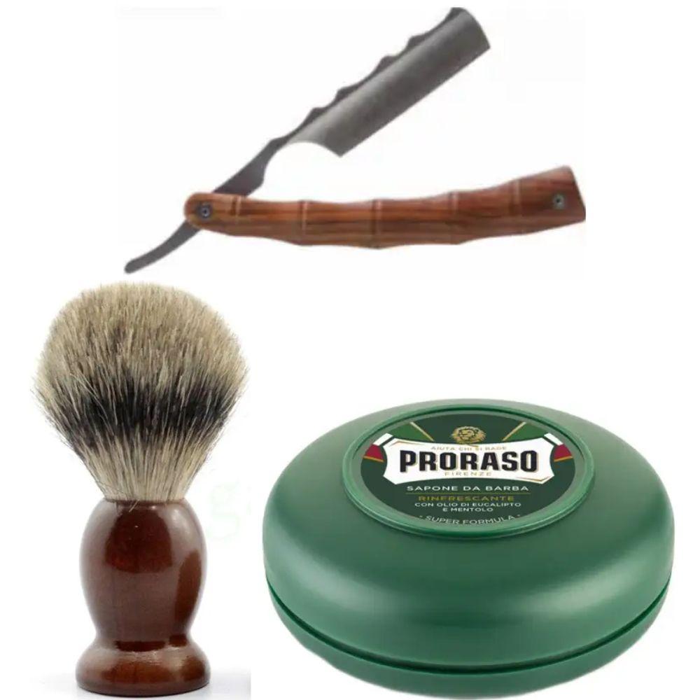 Небезпечна бритва/шавета розкладна Straight Razor + помазок SHIMA + мило для гоління Proraso Rinfrescante Green Eucalyptus, фото 1