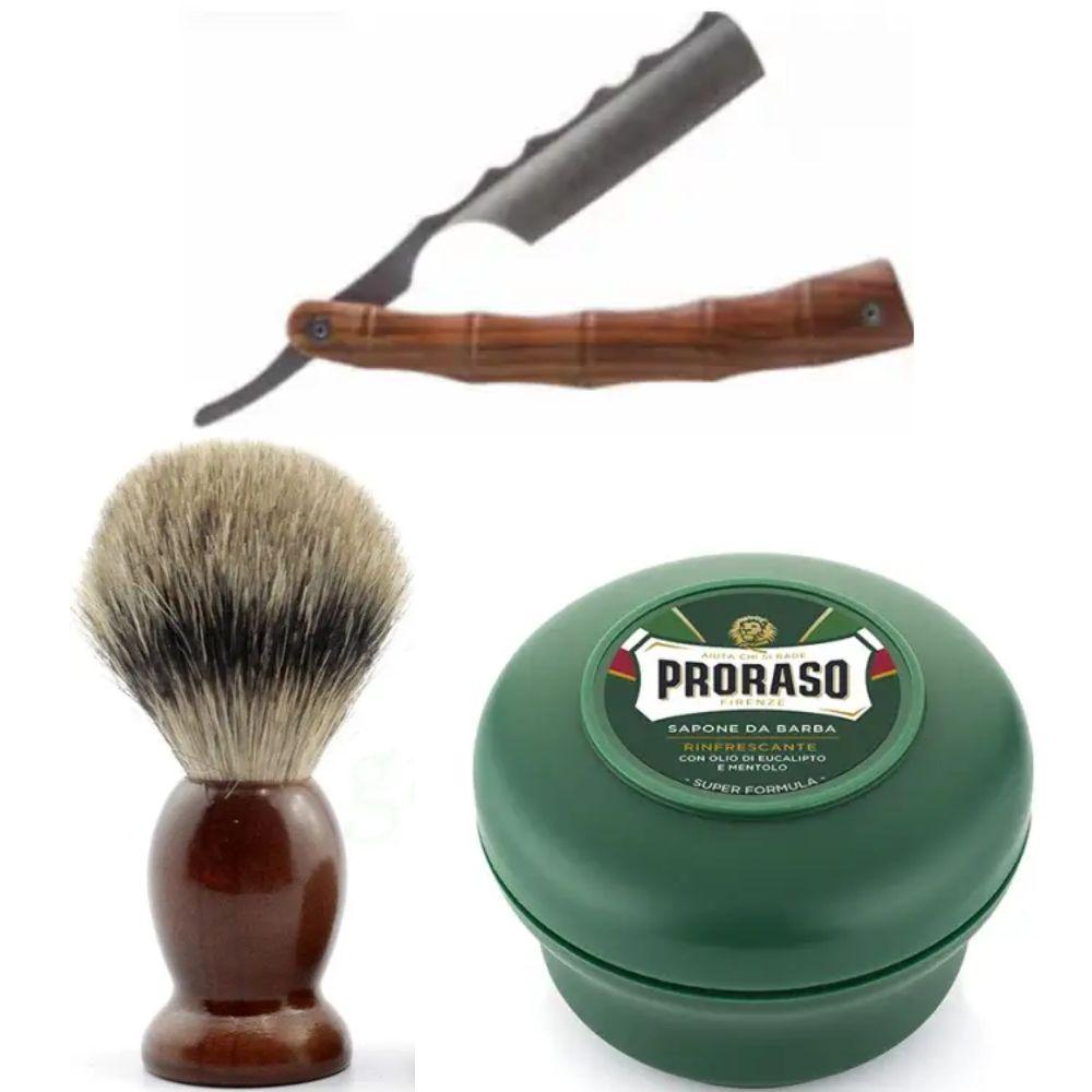 Небезпечна бритва/шавета розкладна Straight Razor + помазок SHIMA + мило для гоління Proraso Rinfrescante Green Eucalyptus, фото 1