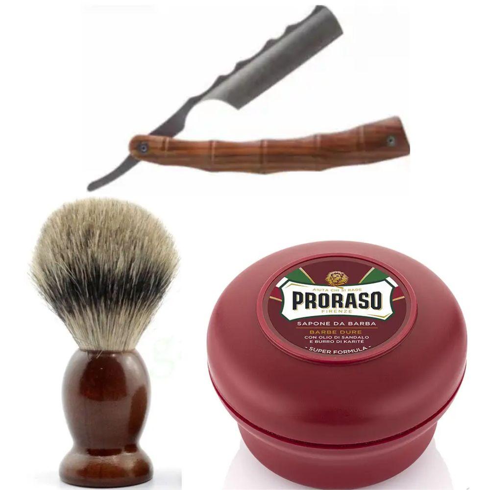 Небезпечна бритва/шавета розкладна Straight Razor + помазок SHIMA + мило для гоління Proraso для жорсткої щетини з маслом, фото 1