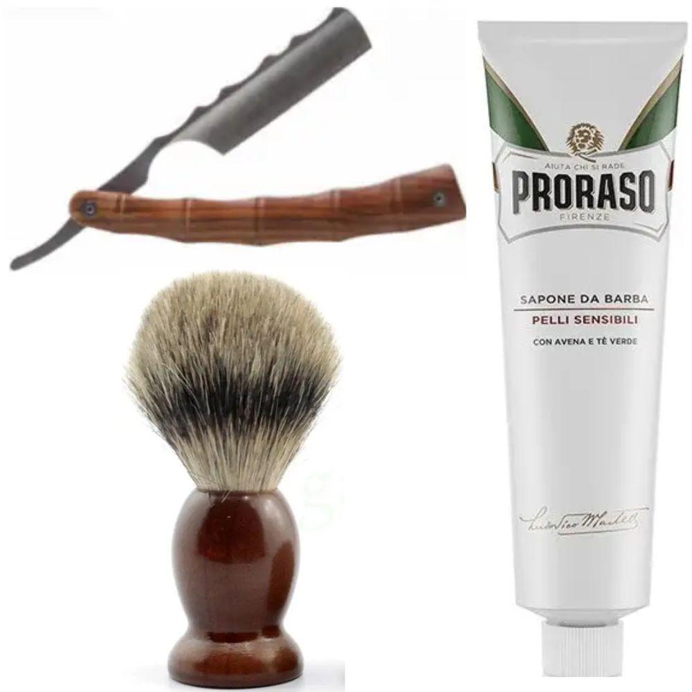 Небезпечна бритва/шавета розкладна Straight Razor + SHIMA + крем для гоління Proraso для чутливої шкіри з зеленим чаєм, фото 1