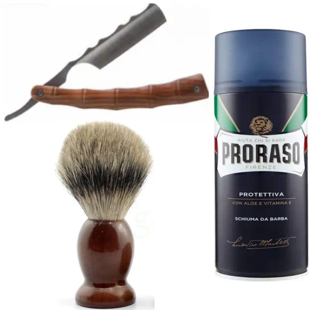 Небезпечна бритва/шавета розкладна StraightRazor + помазок SHIMA + піна для гоління Proraso з екстрактом алое та вітаміном Е, фото 1