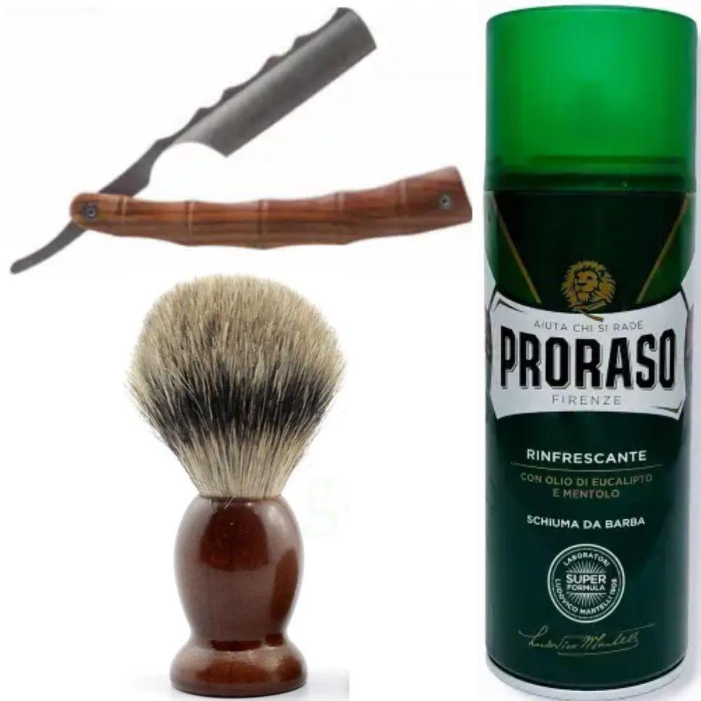 Небезпечна бритва/шавета розкладна Straight Razor + помазок SHIMA + піна для гоління Proraso тонізуюча евкаліпт і ментол, фото 1
