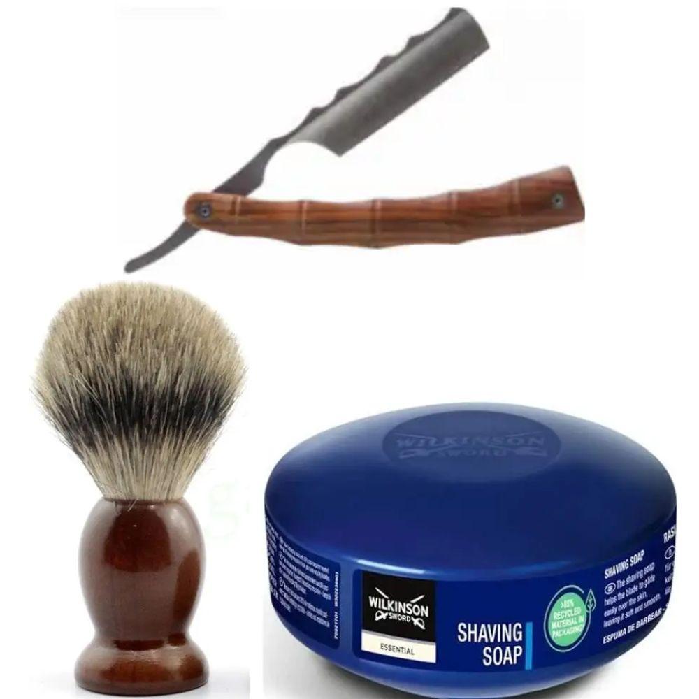 Небезпечна бритва/шавета розкладна Straight Razor + помазок SHIMA + мило для гоління Wilkinson Essential 125г, фото 1