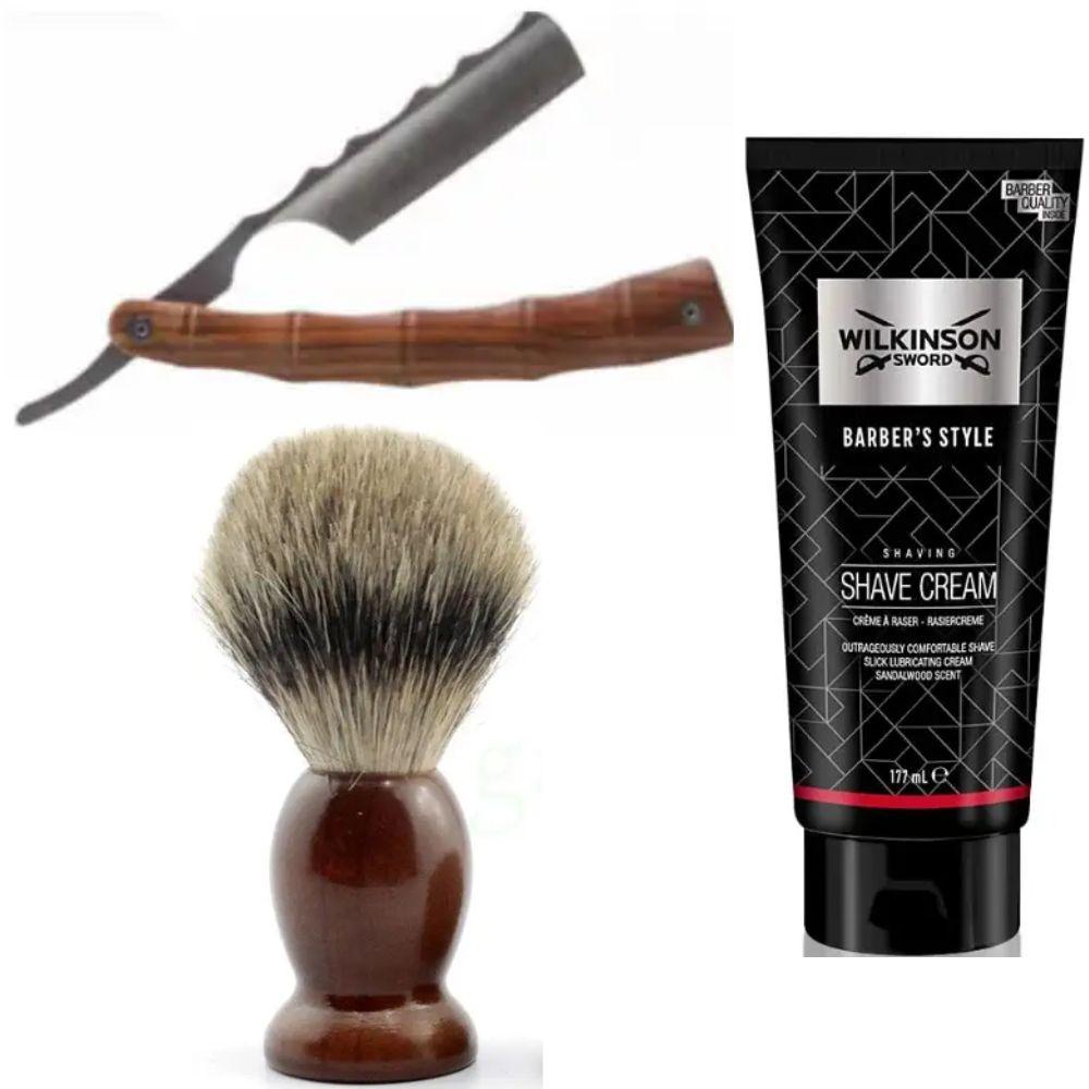 Небезпечна бритва/шавета розкладна Straight Razor + помазок SHIMA синій + крем для гоління Wilkinson Sword Barber's Style Shave, фото 1