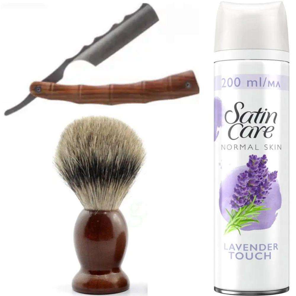 Небезпечна бритва/шавета розкладна Straight Razor + помазок SHIMA + гель для гоління Gillette Satin Care Gel Lavender 200 мл, фото 1