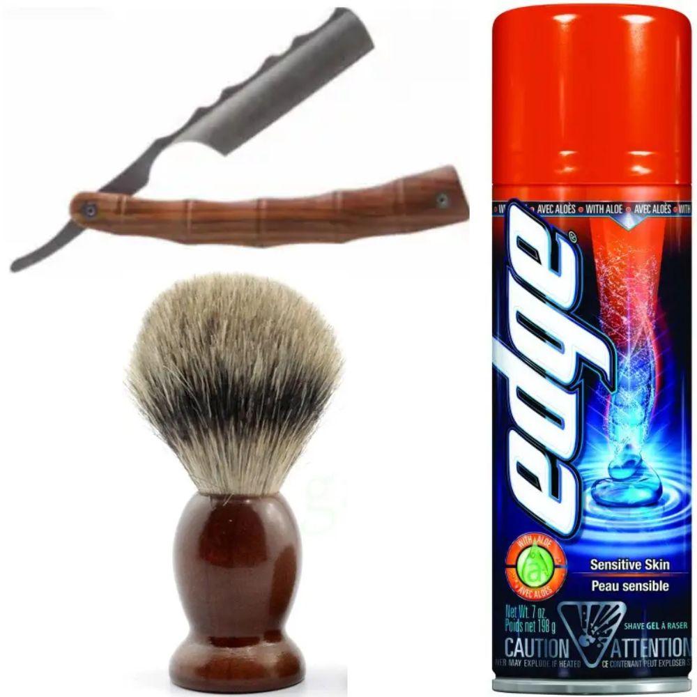 Небезпечна бритва/шавета розкладна Straight Razor + помазок SHIMA + гель для гоління Wilkinson Sword EDGE Sensitive, фото 1