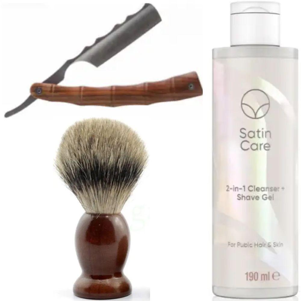 Небезпечна бритва/шавета розкладна Straight Razor + помазок SHIMA + гель для гоління Gillette Venus Venus Satin Care 2 в 1, фото 1