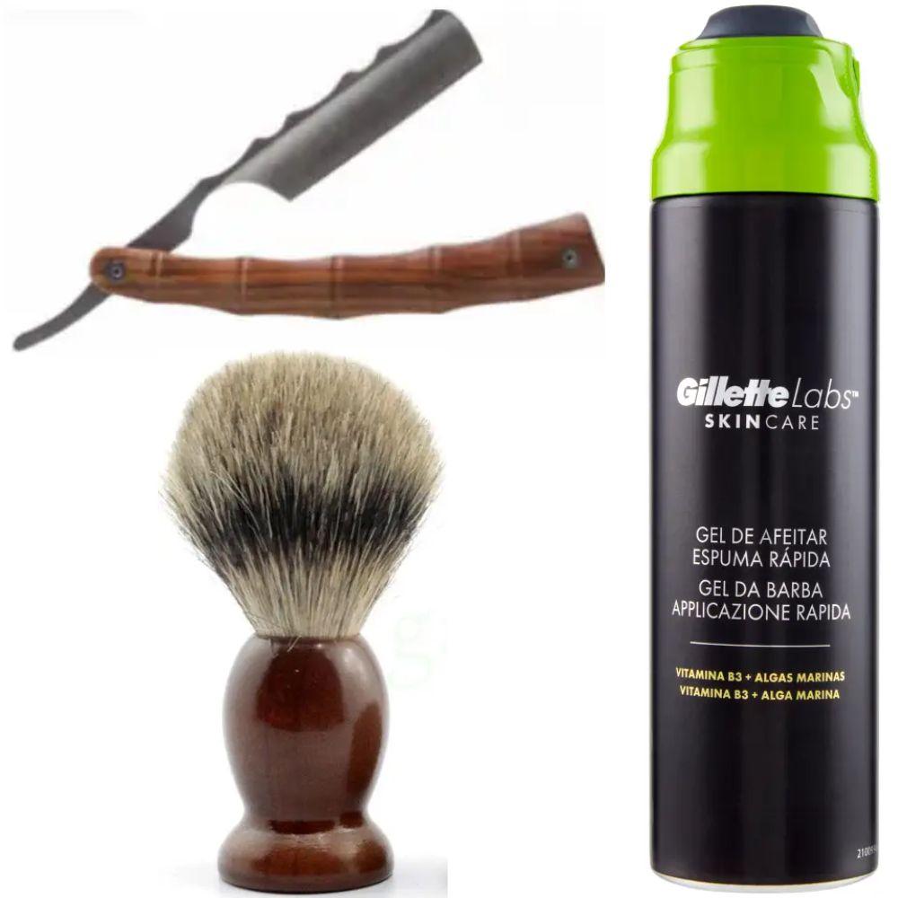 Небезпечна бритва/шавета розкладна Straight Razor + помазок SHIMA + гель для гоління Gillette Labs Gel 198 мл, фото 1