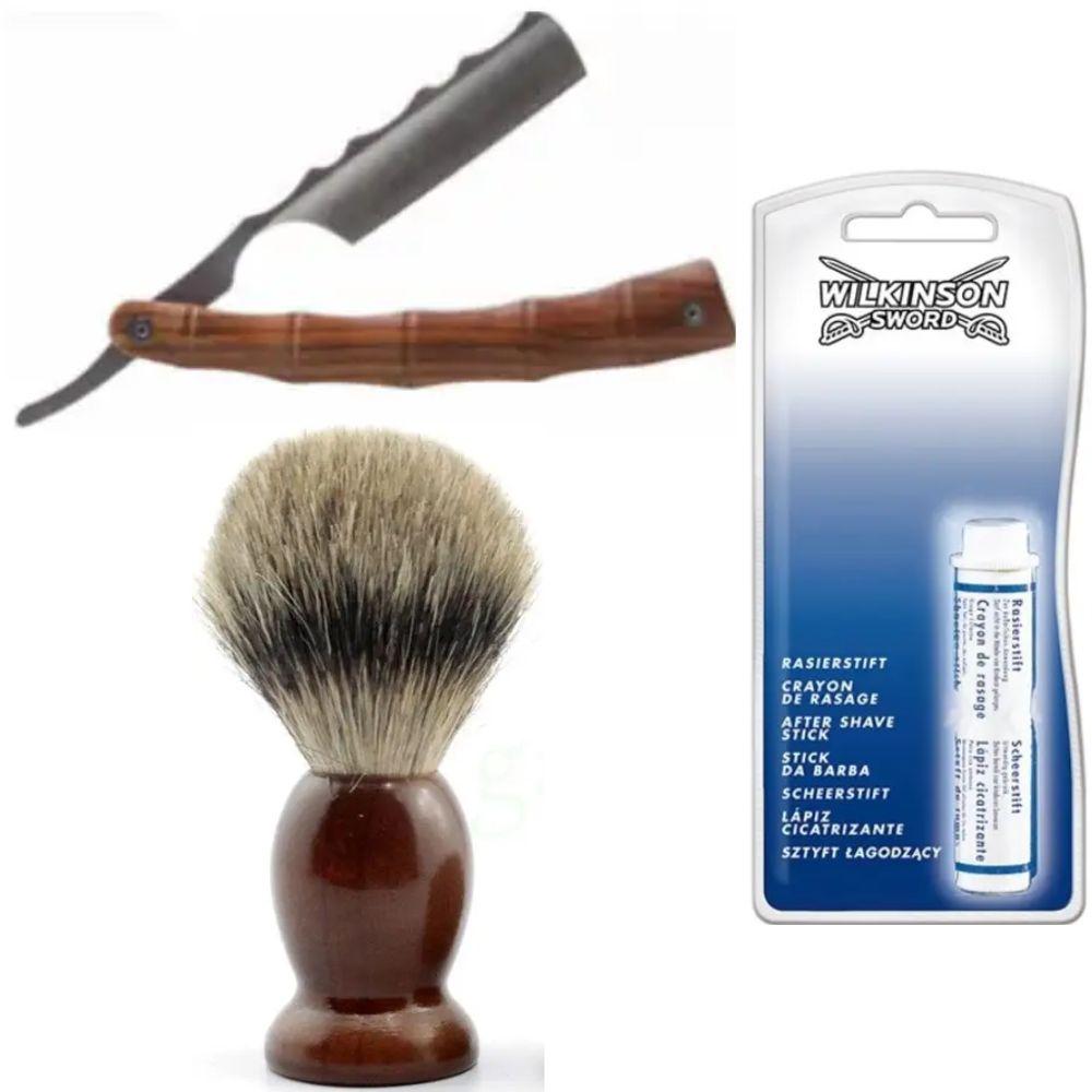 Небезпечна бритва/шавета розкладна Straight Razor + помазок SHIMA + кровоспинний олівець Wilkinson Sword After Shave Stick, фото 1