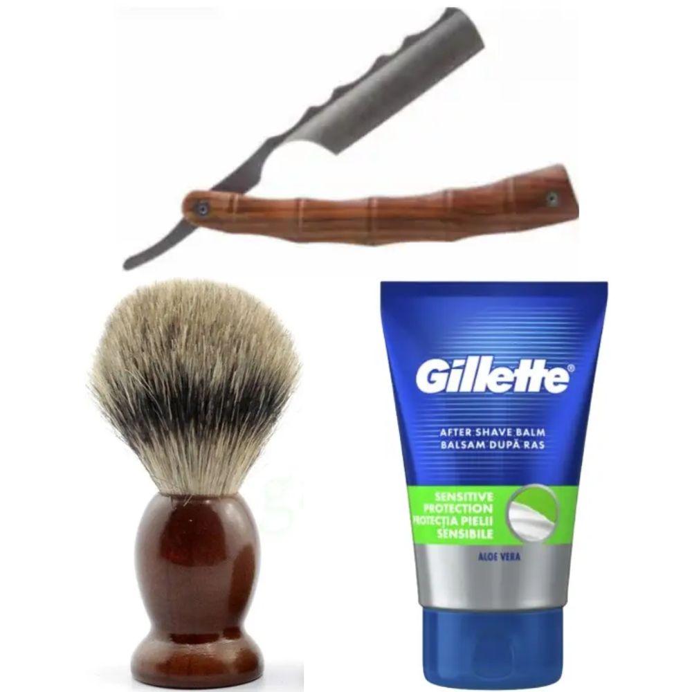 Небезпечна бритва/шавета розкладна Straight Razor + помазок SHIMA + бальзам після гоління Gillette Sensitive Protection, фото 1