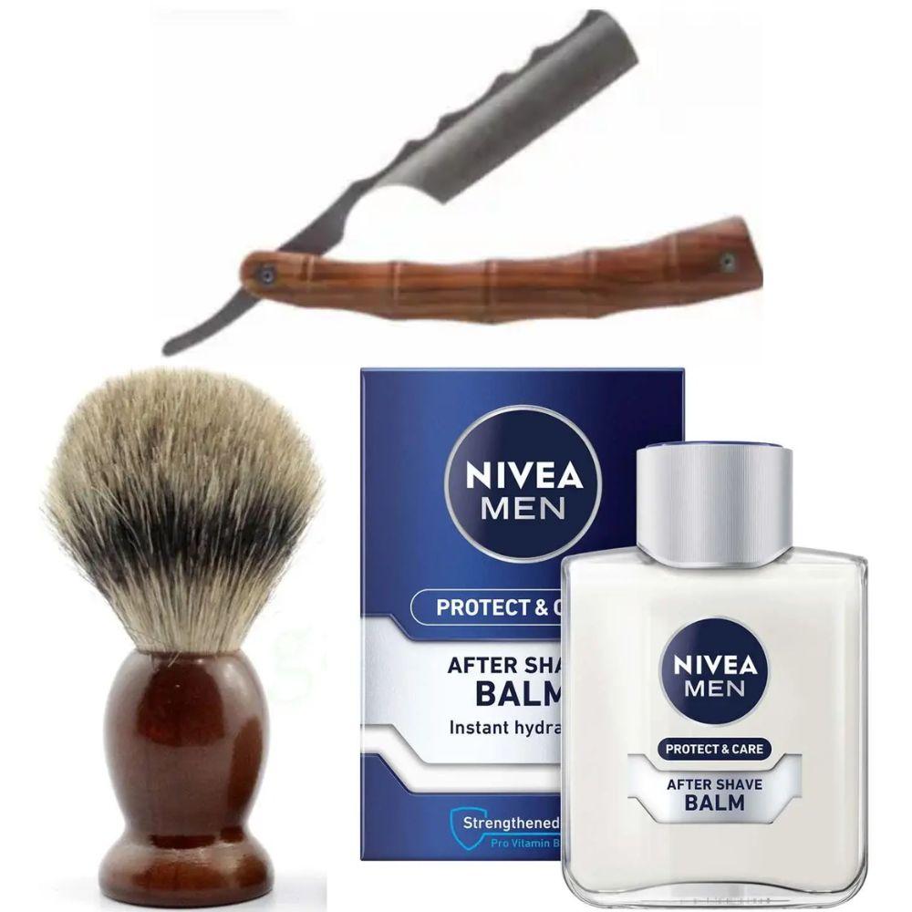 Небезпечна бритва/шавета розкладна Straight Razor + помазок SHIMA + бальзам після гоління Nivea Men Protect & Care 100 мл, фото 1