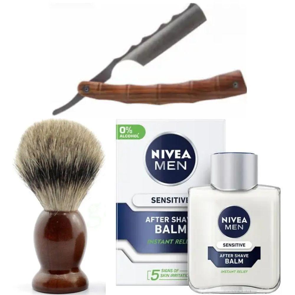 Небезпечна бритва/шавета розкладна Straight Razor + помазок SHIMA + бальзам після гоління Nivea Men Sensitivе 100 мл, фото 1