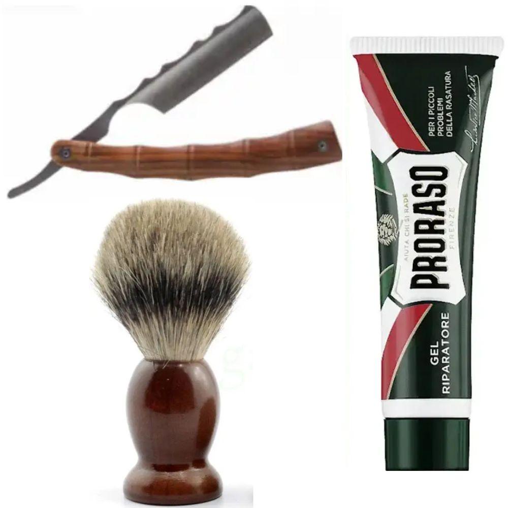 Небезпечна бритва/шавета розкладна Straight Razor + помазок SHIMA + гель від порізів Proraso Razor Cut Repair Gel, фото 1