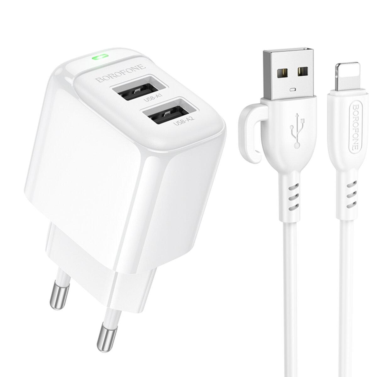 Мережевий зарядний пристрій BOROFONE BAS41A Potential dual-port charger set(iP) White, фото 1