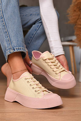 Кеди жіночі бежевого кольору на шнурівці текстиль Уцінка р.37 206488T Безкоштовна доставка