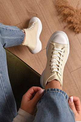 Кеди жіночі високі бежевого кольору на шнурівці текстиль Уцінка 206244T Безкоштовна доставка