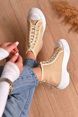 Кеди жіночі високі бежевого кольору на шнурівці текстиль Уцінка 206243T Безкоштовна доставка