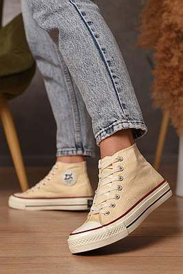 Кеди жіночі високі молочного кольору на шнурівці текстиль Уцінка р.38 206465T Безкоштовна доставка