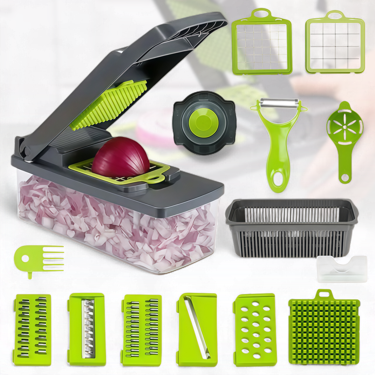 Овочерізка 14 в 1 з контейнером і змінними насадками Veggie Slicer, фото 1
