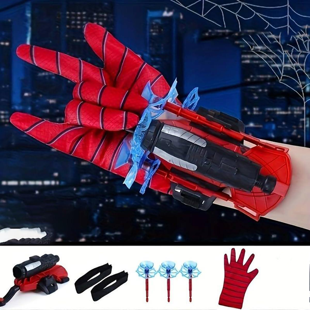 Ігровий набір: рукавичка людини павука, що стріляє присосками, укавичний шутер / бластер Spider-man, червоний "P" (85396353), фото 1