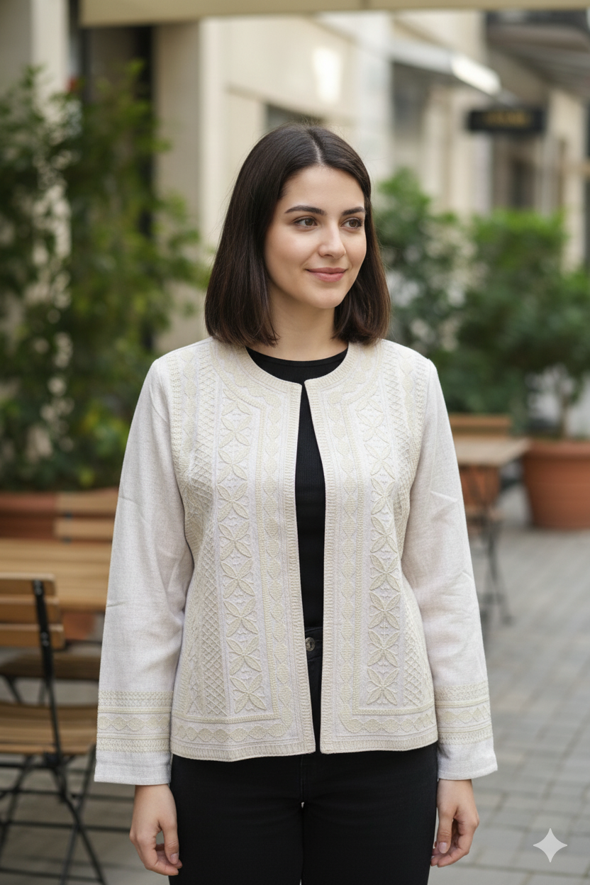 Жіночий жакет із вишивкою молочний оверсайз на підкладці ESQ, без застібки, фото 1