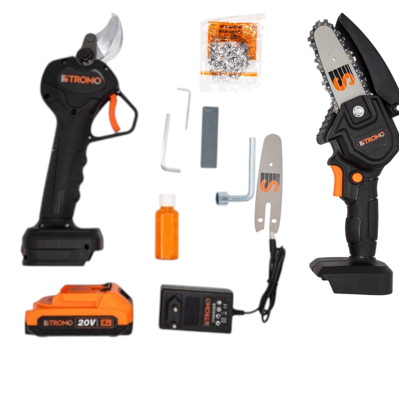 Набір акумуляторних інструментів STROMO ACP-30 ножиці та AAS-20 пила з 1 АКБ 2 А·год, зарядним пристроєм і маслом Procraft 200 мл, фото 1