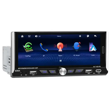 Автомагнітола 1DIN 6280A 2*32 ГБ із сенсорним екраном 6.9 діагональ Android 13 Bluetooth GPS Wi-Fi Чорний, фото 1