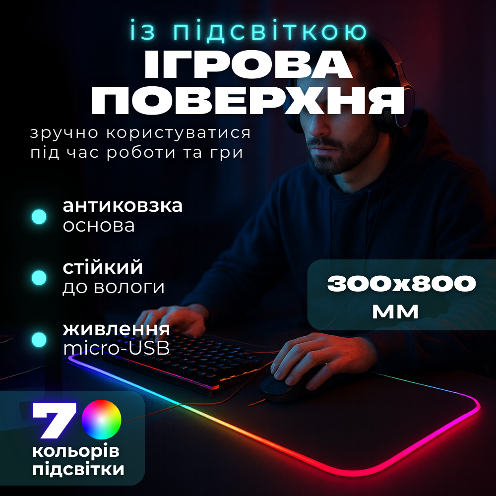 Коврик для мишки з підсвіткою, килимок для мишки 800х300, rgb коврик для мишки и клавіатури Hechpro (RGB83), фото 1