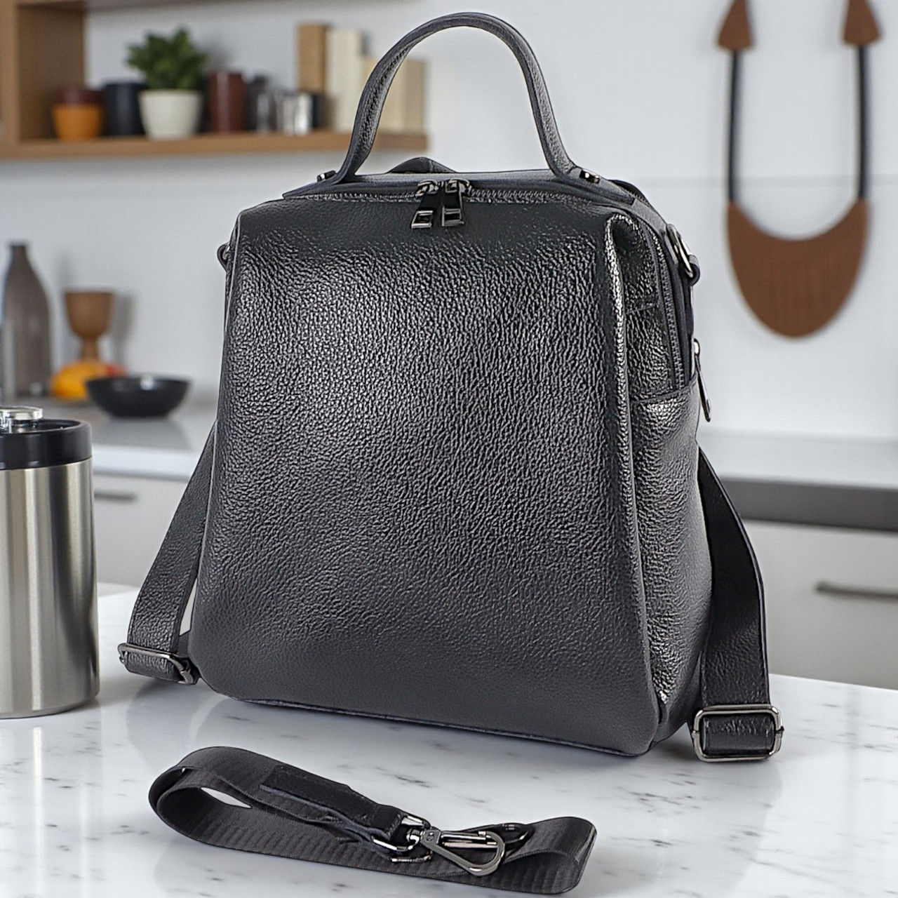 Великий жіночий сумка рюкзак чорний шкіряний рюкзачок міський трансформер з натуральної шкіри, фото 1