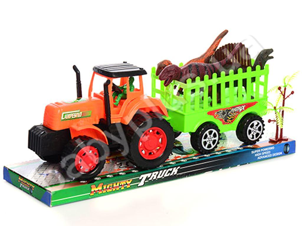 Трактор  інерція, 33см, з причепом, динозаври 3шт, 11см, в слюді, 35*10,5*13,5см  (48шт), фото 1